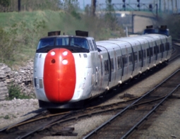 CN Turbo train operating as train number 67 passing Ballantyne in Lachine, Quebec on May 18, 1975.